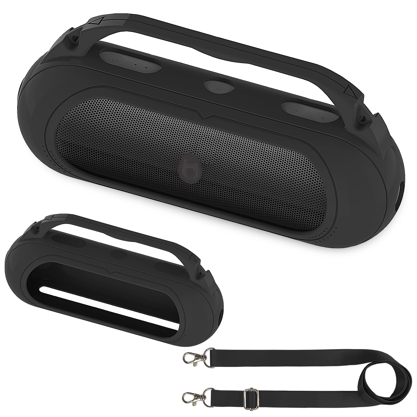 Beats Pill 2024 Wireless Bluetooth Speaker Silicone Cover Case Black Protective Stand Holder with Should Strap